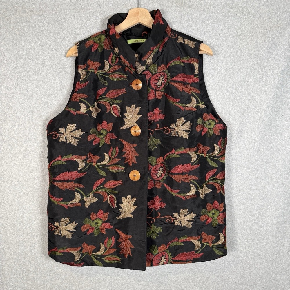 Jacques Rus Vest Womens XL Black Embroidered Floral Lagenlook Art To Wear - Picture 1 of 6